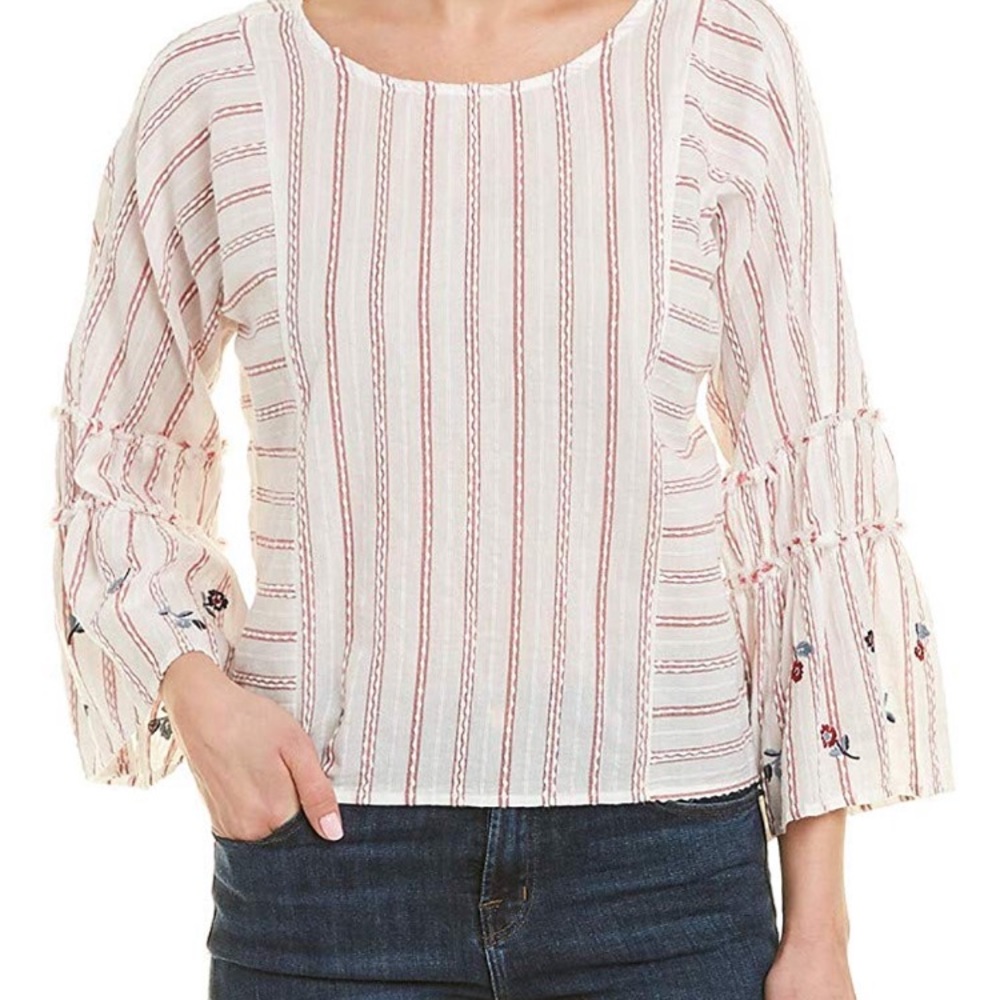 VC Ruffle Sleeve Stripe Embroidered Blouse